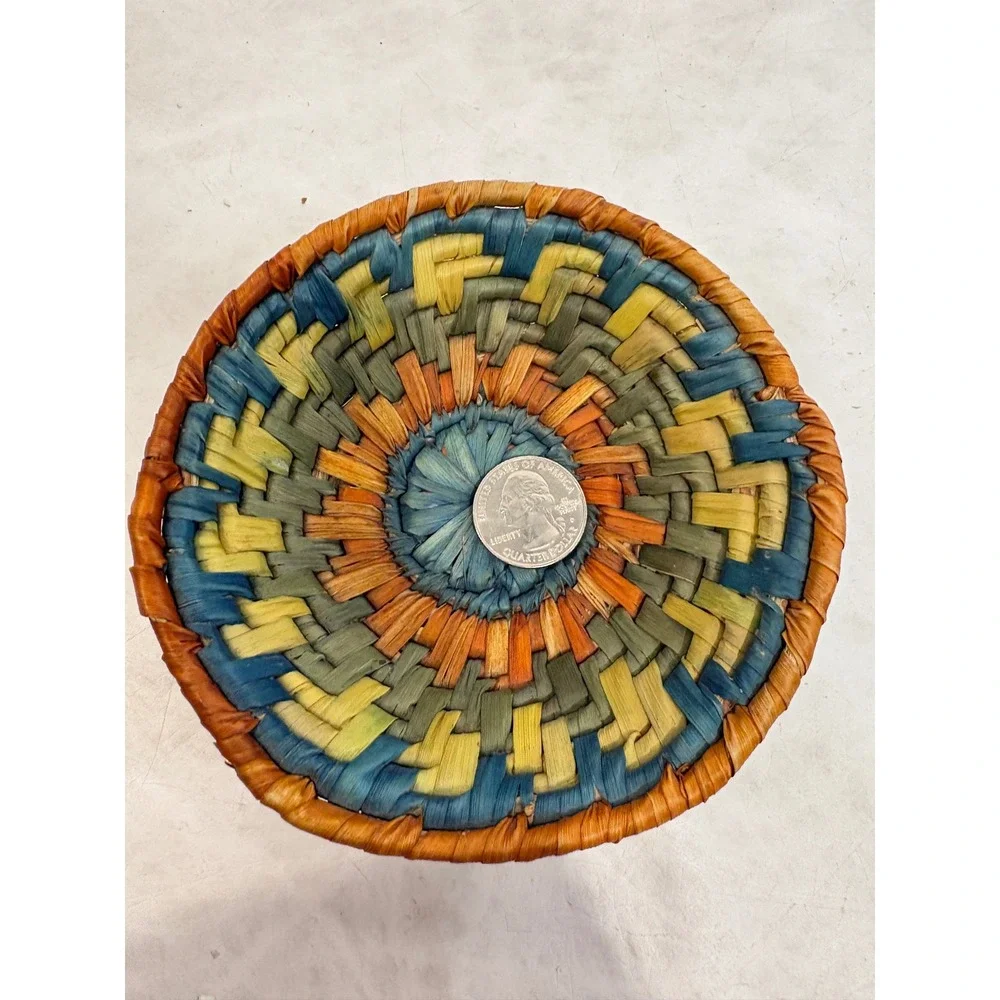Miniature Handwoven Coiled Basket Bowl Multi Color Boho Decorative Small 4 Inch